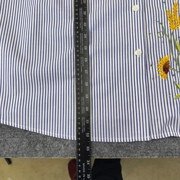 Quaker Factory by Jeanne Bice‎ XL Blue White Stripe Embroidered Sunflower Shirt - Picture 8 of 16